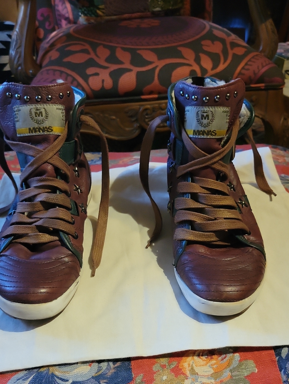 Manas Leather Hi Top Lace-up Booties Sneakers w Sheepskin Lining, Studs